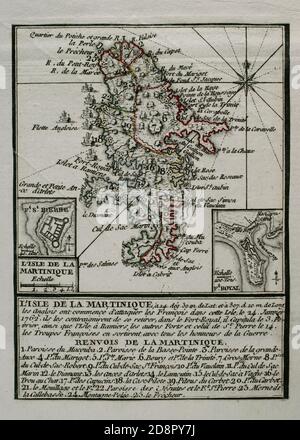 Isla de la Martinica (Antillas Menores). Los británicos conquistaron la isla durante la Guerra de los Siete Años, manteniéndola en su poder los años 1762-1763. Los ingleses comenzaron a atacar a los franceses en la isla el 24 de enero de 1762, obligándoles a retirarse hacia la capital, Fort-Royal, capitulando el 3 de febrero. El 12 de febrero toda la isla habia sido ya controlada por los británicos. Grabado publicado en 1765 por el cartógrafo Jean de Beaurain (1696-1771) como ilustración de su Gran mapa de Alemania, con los eventos que tuvieron lugar durante la Guerra de los Siete Años. Guerra Stock Photo