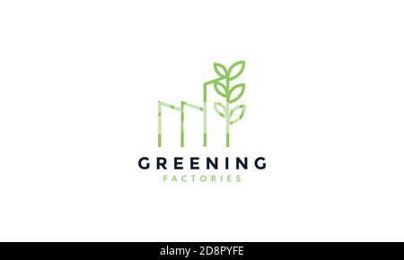factory line outline with leaf green plant nature logo vector icon design Stock Vector