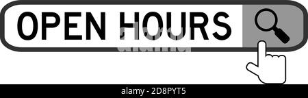Search banner in word open hours with hand over magnifier icon on white background Stock Vector
