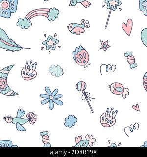 Vector seamless pattern with a magic wand, rainbow, star, and cloud in cartoon style. Bright vector illustration for kids design, decor, wrapping. Stock Vector