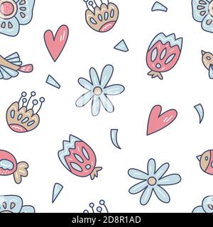 Vector seamless pattern with floral composition in cartoon style. Bright vector illustration for kids design; home decor; wrapping; and textiles. Stock Vector