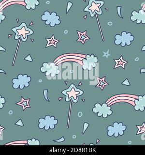 Vector seamless pattern with a magic wand, rainbow, star, and cloud in cartoon style. Bright vector illustration for kids design, decor, wrapping. Stock Vector