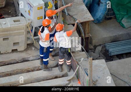 Staff of Bouygues Travaux Publics on the construction site of the Central Kowloon Route in Yau Ma Tei, Hong Kong (October 2020) Stock Photo