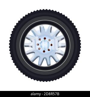 Tire isolated on white background. Wheel with a disk and rim for car or motorcycle. Repair and vulcanization, maintenance service logo. Stock vector Stock Vector