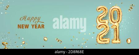 2021 golden decoration holiday on trendy background. Shiny party background. Gold foil balloons numeral 2021 with realistic festive objects, glitter Stock Vector