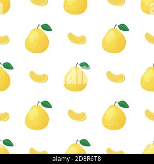 Seamless pattern with fresh bright exotic whole and piece pomelo fruit on white background. Summer fruits for healthy lifestyle. Organic fruit. Cartoo Stock Vector
