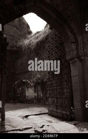 close view of Kalaburagi fort back entrance gate in monochrome stock photo, Kalaburagi, Karnataka/India-October, 30.2020 Stock Photo