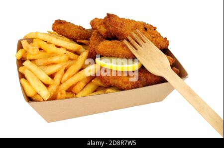 Breadcrumb covered chicken mini fillets and French fries in a cardboard takeaway tray isolated on a white background Stock Photo