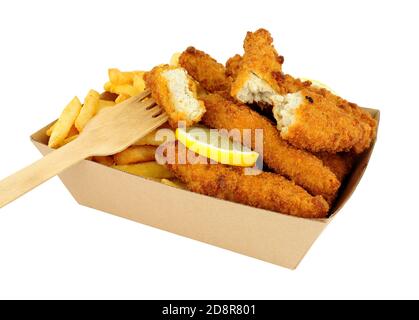 Breadcrumb covered chicken mini fillets and French fries in a cardboard takeaway tray isolated on a white background Stock Photo