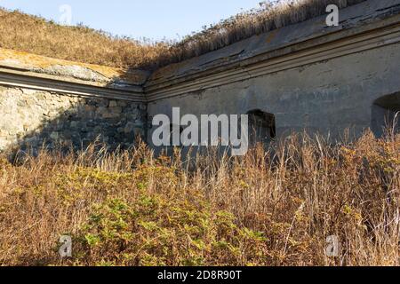 Abandoned fortifications of the Muravyov-Amursky fort on the Kholodilnik hill. It is part of the Vladivostok fortress, built at the end of the 19th - Stock Photo