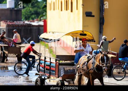 Smiling man driving a cart during the morning rush hour on a Trinidad street. Cuba street scene. Stock Photo
