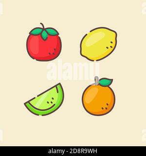 Fruit icons set collection tomato lemon melon orange juicy organic fresh with color flat cartoon outline style Stock Vector