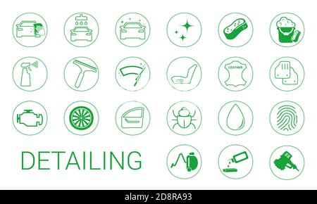 Flat icons set. interior and exterior car wash, datailing and car care theme. Stock Vector