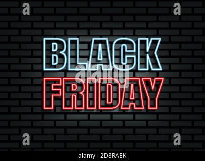 Black friday sale neon light on brick wall background Stock Vector