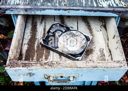 Broken Hard Disk Drive in the Old Wardrobe and Dirty Furniture Stock Photo