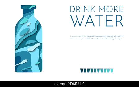 Blue paper water bottle paper cut design. Paper art style. Drink water. Stock Vector