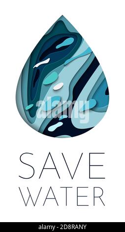 Vector blue paper water drop paper cut design. Paper art style. Stock Vector