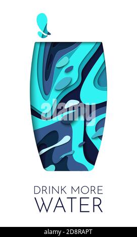 Blue paper water glass paper cut design. Paper art style. Drink water. Stock Vector