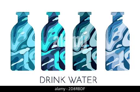 Blue paper water bottle paper cut design. Paper art style. Drink water. Stock Vector