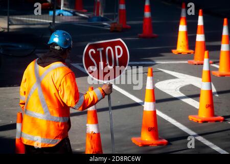 Traffic control at roadworks, Tasman Street, Newtown, Wellington, North Island, New Zealand Stock Photo