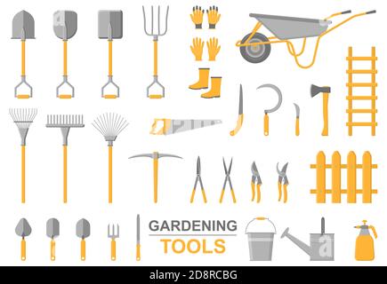 Set of various gardening items. Gardening tools of farming or farmer garden household. Shovel, pitchfork, saw, axe, gloves, boots. Vector illustration Stock Vector