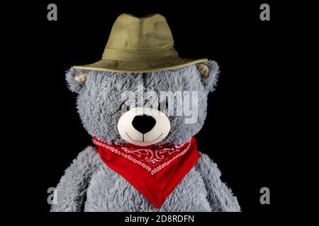 Teddy bear with red bandana and bush hat Stock Photo