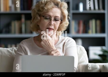 Thoughtful elderly woman looking at computer screen. Stock Photo