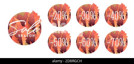 Set pf promo tags, round shapes with autumn seasonal leaves inside with percentage sale discount, isolated design element Stock Vector