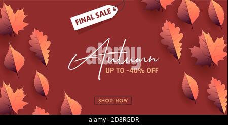 Final sale poster with autumn leaves texture side by side and promo copy inside the composition with discount offer, dark red background Stock Vector
