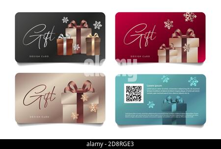 Set of gift vouchers with realistic gift box illustrations wraped in glossy metal paper with snowflakes, winter promo discount Stock Vector