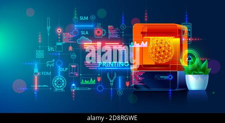 3d printing and additive technology banner. 3d printer on workplace of engineer maker with abstract tech schema of additive technologies. Education of Stock Vector
