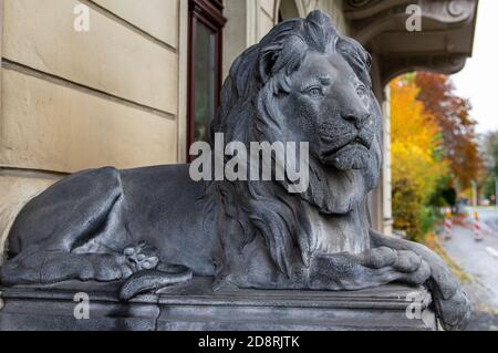 decorative bronze statue of a male lion in front of a building