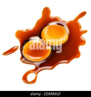 Sweet candies with  caramel topping isolated  on white background. Toffee with caramel sauce close-up. Top view. Stock Photo