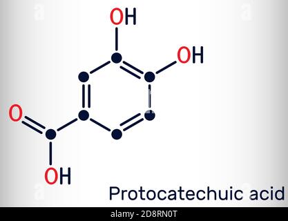 Protocatechuic acid, PCA molecule. It is 3,4-dihydroxybenzoic, phenolic acid, metabolite of antioxidant polyphenols, catechol, is found in green tea Stock Vector