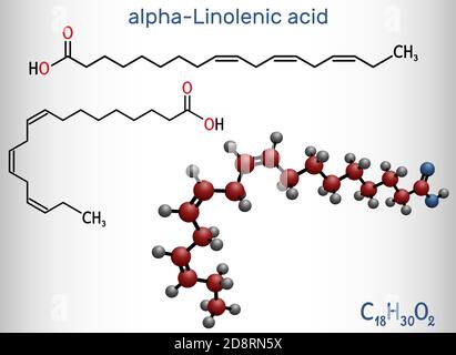 Alpha linolenic acid ALA molecule. Carboxylic polyunsaturated