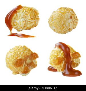 Popcorn pieces  with Caramel sauce isolated on white background. Collection. Salty Pop corn macro. Stock Photo