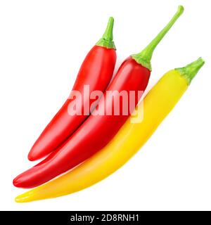 Chilli pepper isolated on a white background. Collection red and yellow hot chilli peppers close up. Fresh food ingredient concept Stock Photo