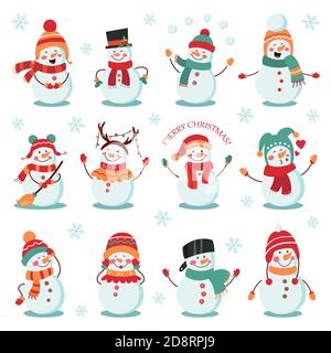 Snowman winter holidays set. Cheerful snowmen in different costumes. Vector illustration on white isolated background Stock Vector