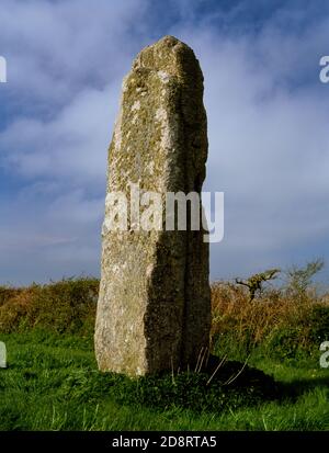 The Pipers standing stones, West Penwith, England, UK: view NW of the SW stone, at 4.6m high the tallest in Cornwall. Stock Photo