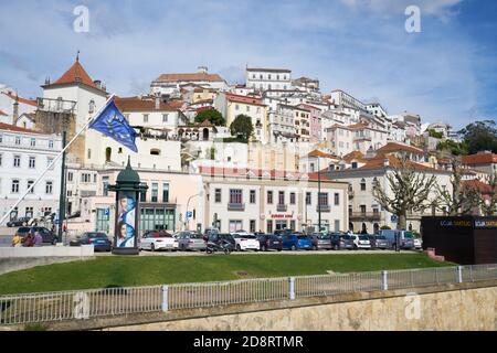 Coimbra city view with European Union EU flag, in Portugal Stock Photo