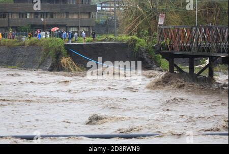 Albay Province, Philippines. 1st Nov, 2020. A bridge is damaged by the flood brought by the heavy rains from typhoon Goni in Albay Province, the Philippines, Nov. 1, 2020. Super Typhoon Goni barrelled into the southern part of the Philippines' main Luzon island with 'catastrophic violent winds and intense torrential rains' on Sunday, triggering flash floods and mudslides that killed at least four people. Credit: Str/Xinhua/Alamy Live News Stock Photo