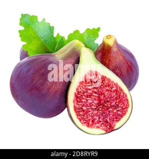 Fresh Figs Fruit. Whole and sliced figs with leaf isolated on white background. Stock Photo