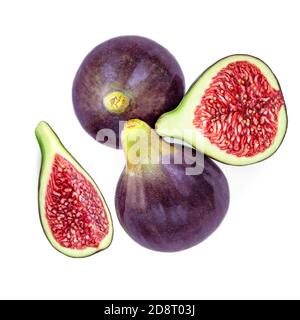 Fresh purple Fig fruit and slices  isolated on white background. Food Photo. Top view Stock Photo