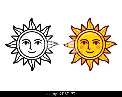 Cartoon sun symbol with face, simple vintage style emblem. Black and white line art and color drawing. Isolated vector illustration. Stock Vector