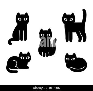 Cartoon black cat set. Simple black and white kitty drawing, isolated vector clip art illustration. Stock Vector