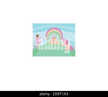 Unicorn and fairy - lovely fairy-tale card Stock Vector