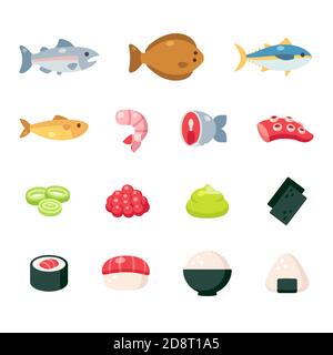 Japanese food ingredients cartoon icon set. Fish and seafood, sushi and rice dishes, cute simple vector illustrations. Stock Vector
