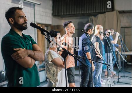 Rehearsal at theatre. Actors preparing for a role during the rehearsal of the play on the new performance for public. Behind the scene Stock Photo