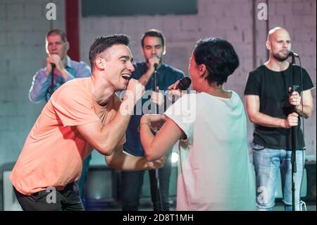 Rehearsal at theatre. Actors preparing for a role during the rehearsal of the play on the new performance for public. Behind the scene Stock Photo