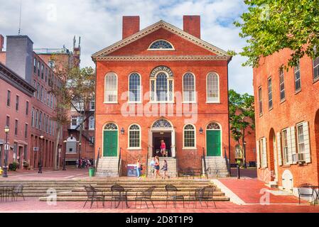 Salem, Massachusetts. August 23, 2019. the original town hall building in derby square in salem massachusetts on a sunny overcast day in new england. Stock Photo